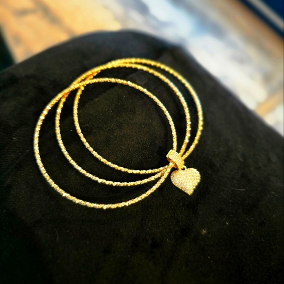 21kgp Dubai Jewlery -Gold Heart Charm Bangle Set - Picture 1 of 7